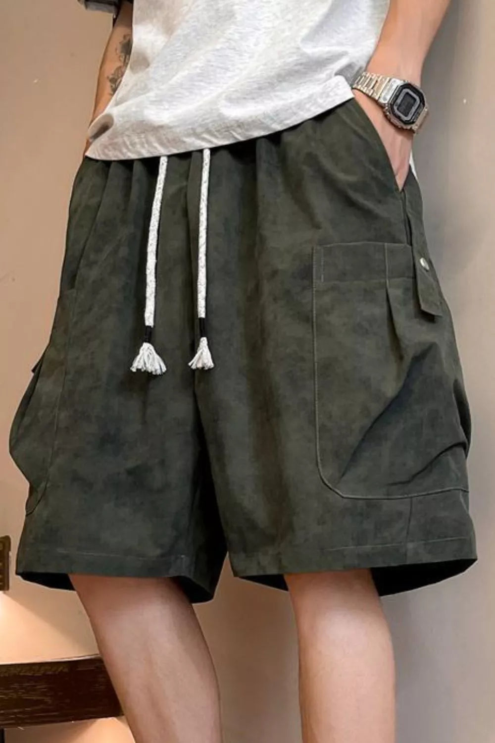 Men's Full Size Drawstring Shorts with Pockets Plus Size in Military Green