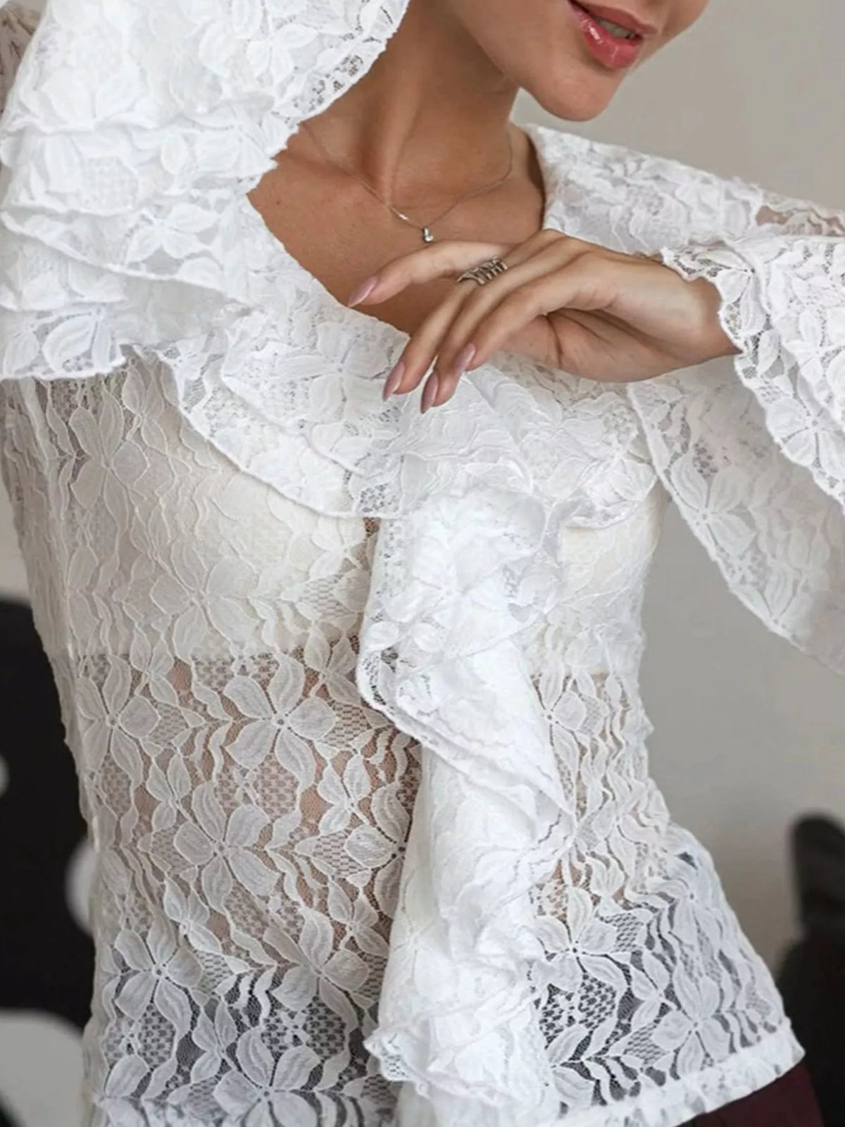 Lace V-Neck Flare Sleeve Blouse in White, view 4