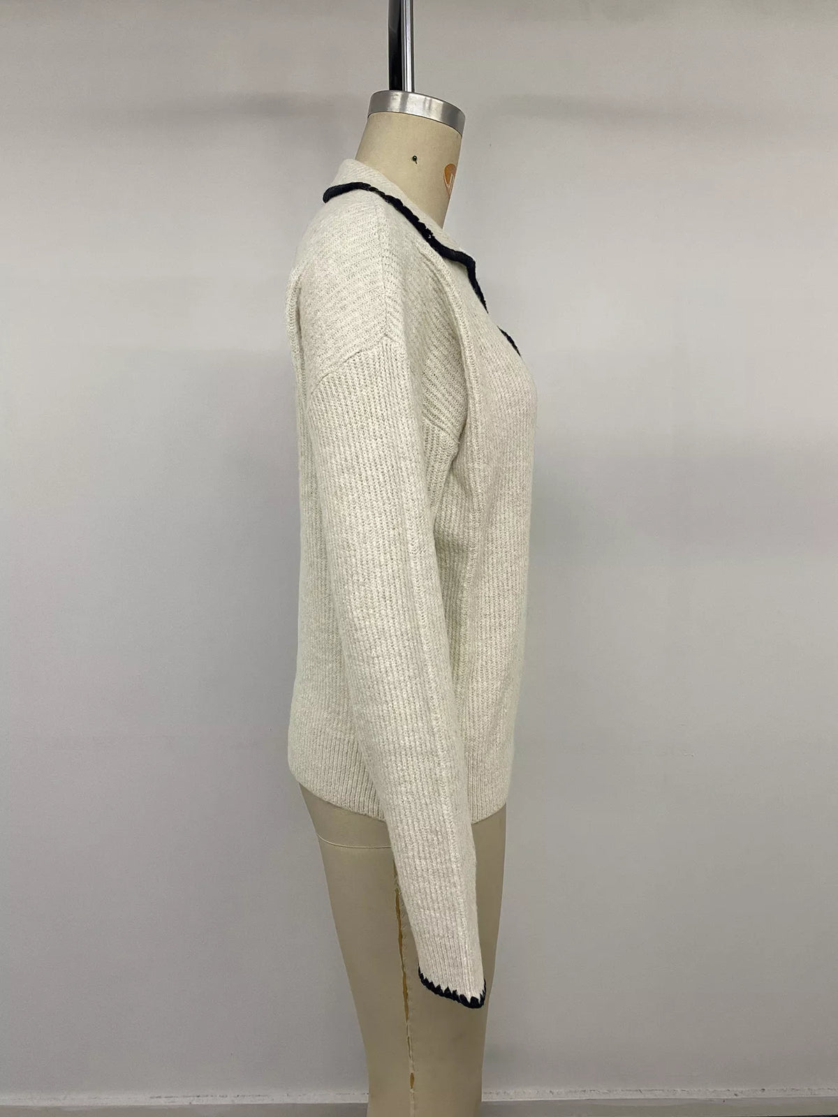 Contrast Trim Dropped Shoulder Sweater in Khaki, view 12