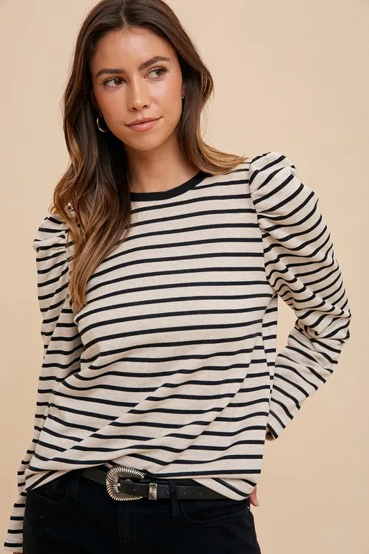 Annie Wear Striped Round Neck Puff Sleeve French Terry Top - Lilixa.store