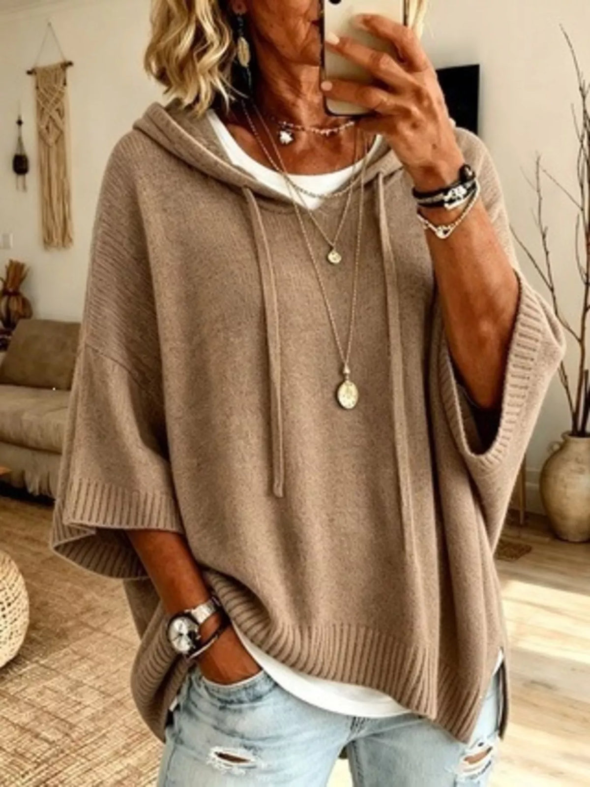 Full Size Casual Hooded Batwing Sleeve Knit Sweater Plus Size - Lilixa.store