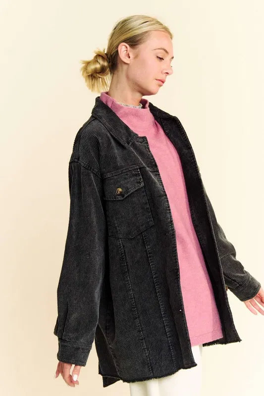 Davi & Dani Washed Corduroy Raw Hem Button Up Jacket in Black, view 3