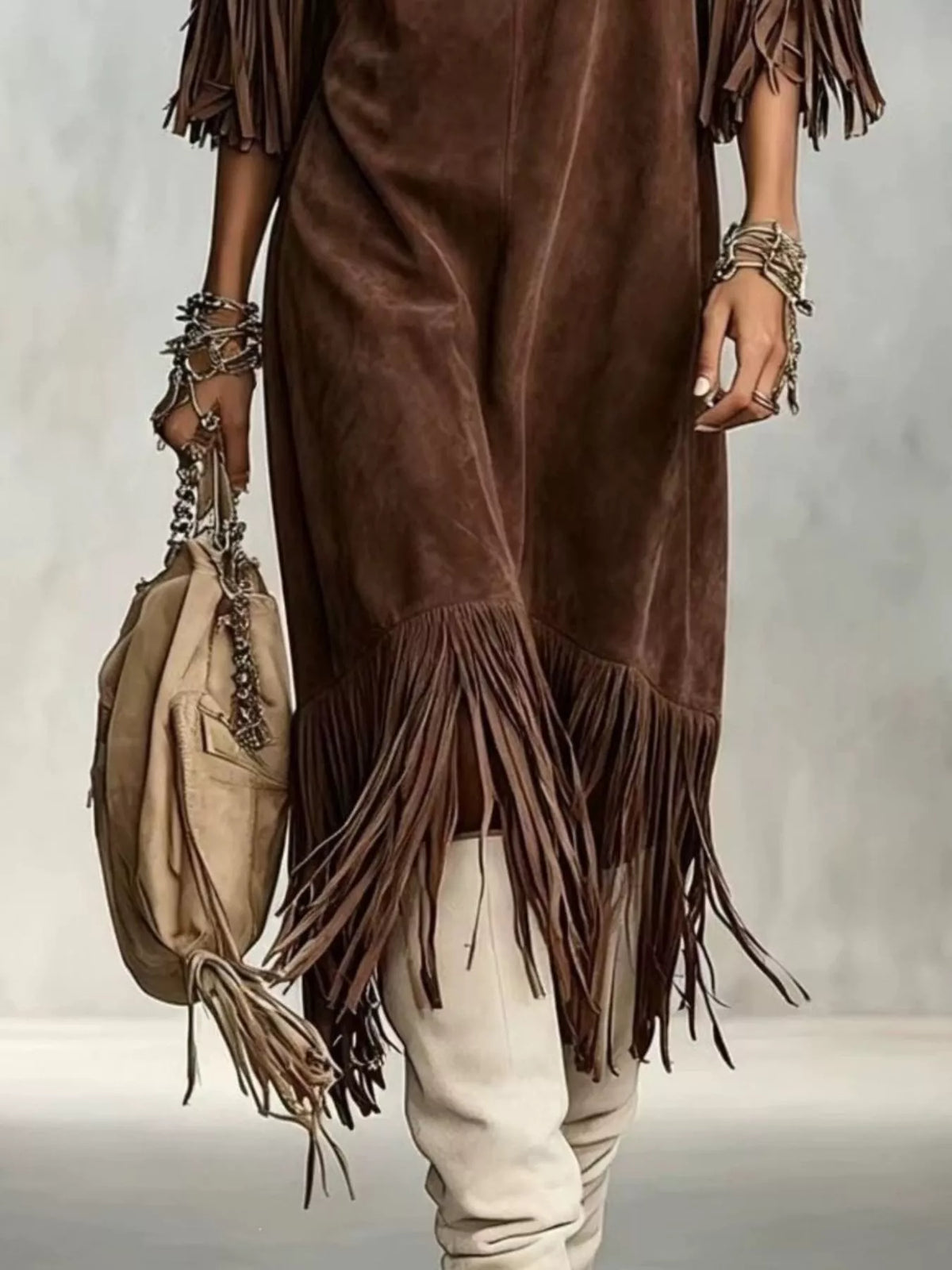 Fringed Round Neck Midi Dress - Lilixa.store