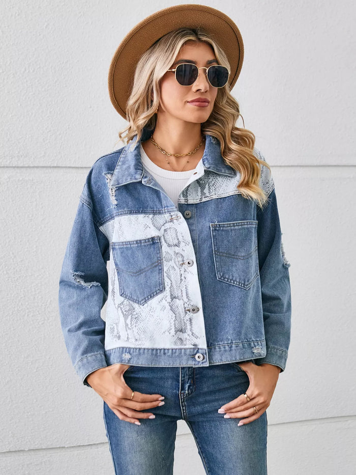 Snake Print Button Up Denim Jacket - Lilixa.store