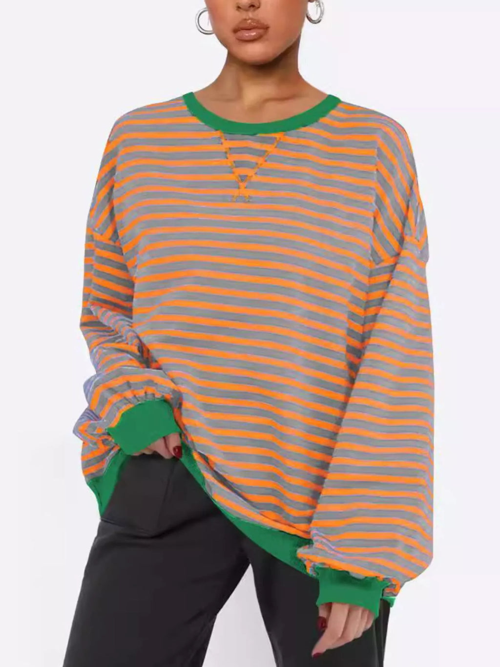 Striped Round Neck Long Sleeve Sweatshirt - Lilixa.store