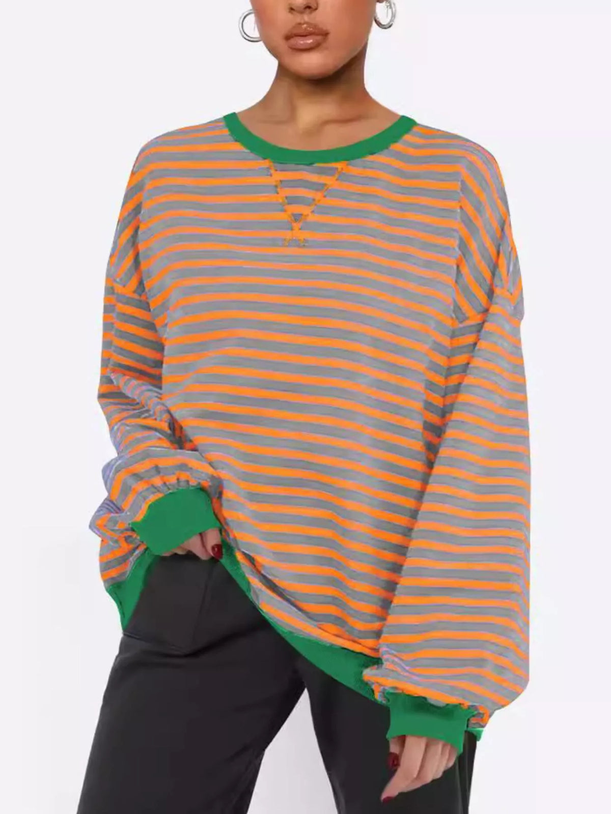 Striped Round Neck Long Sleeve Sweatshirt - Lilixa.store