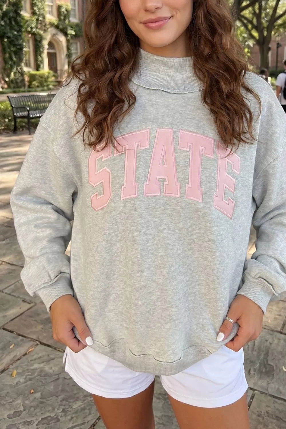 Exposed Seam Mock Neck STATE Letter Graphic Loose Sweatshirt