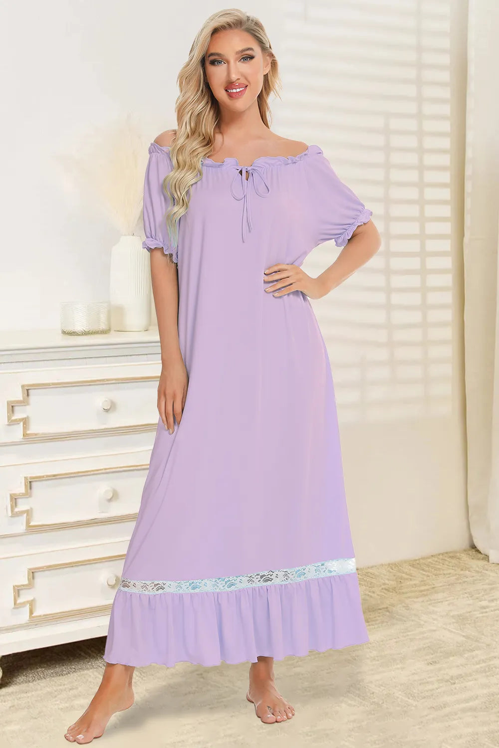 Lace Detail Short Sleeve Lounge Dress in Lilac