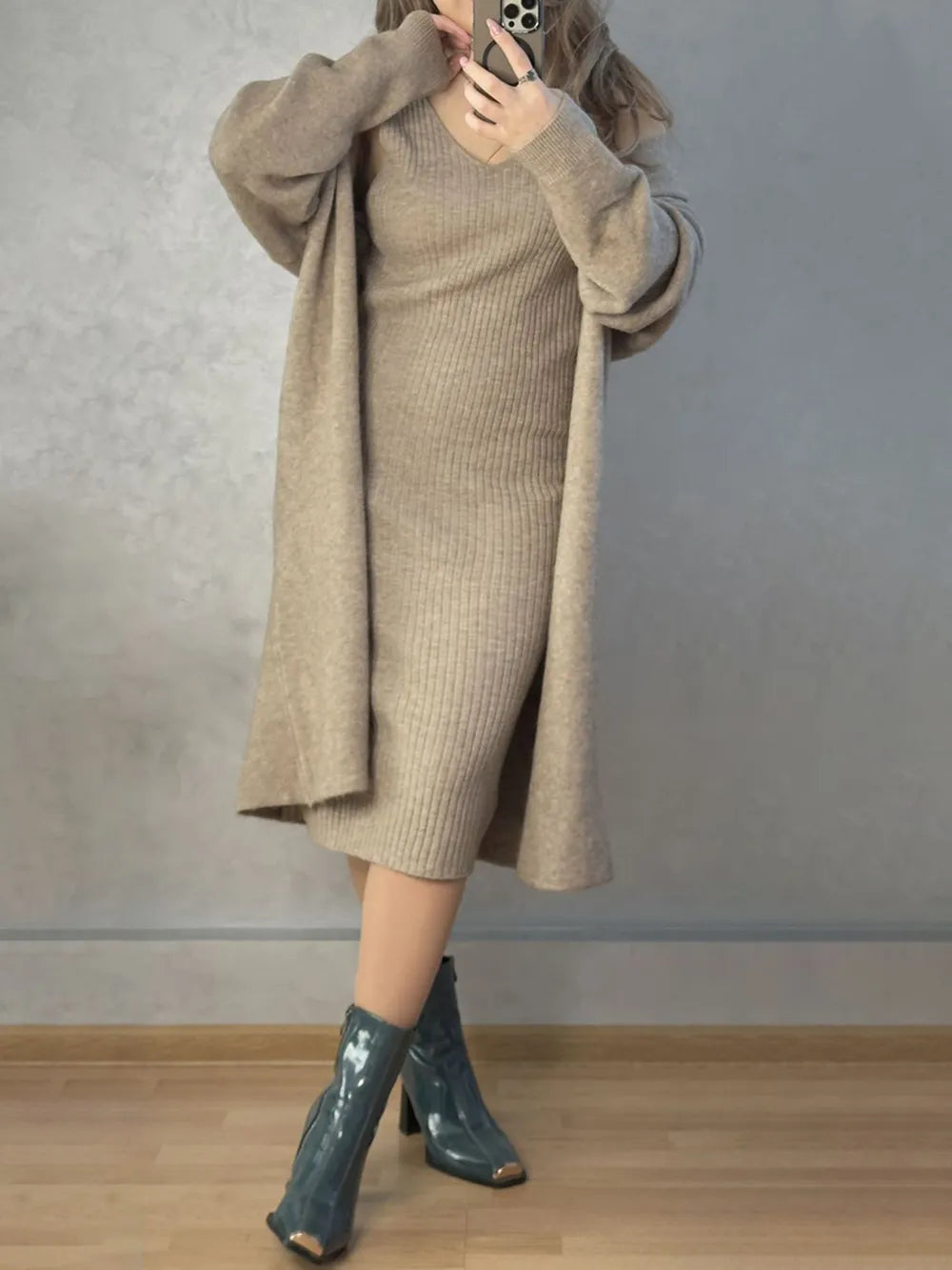 V-Neck Cami Dress and Open Front Cardigan Sweater Set, view 9