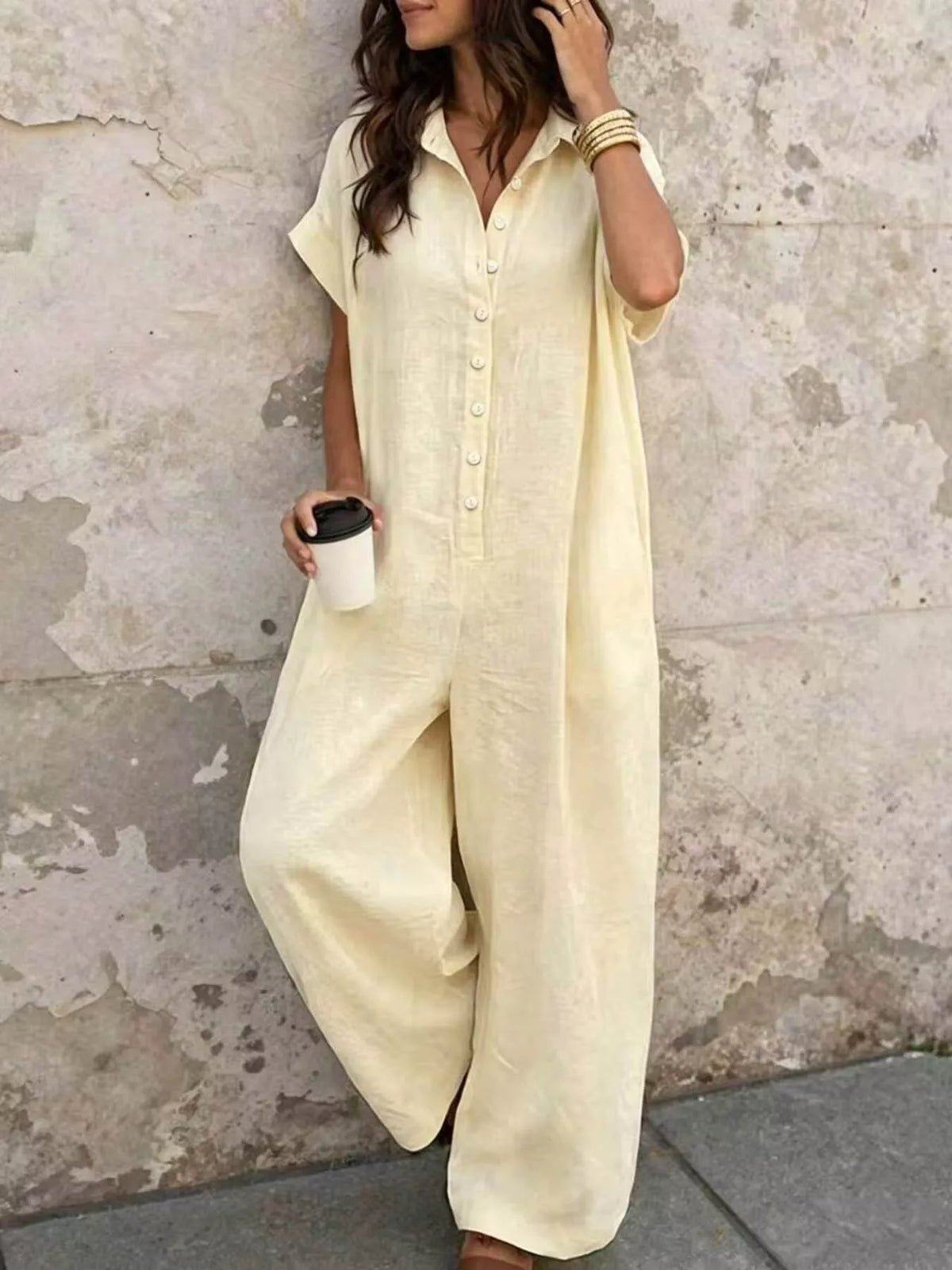 Button Front Short Sleeve Jumpsuit - Lilixa.store