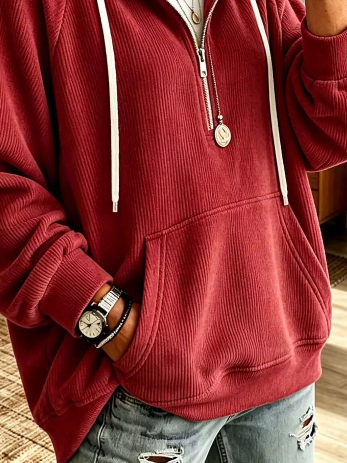 Ribbed Knit Quarter-Zip Hoodie with Kangaroo Pocket - Lilixa.store