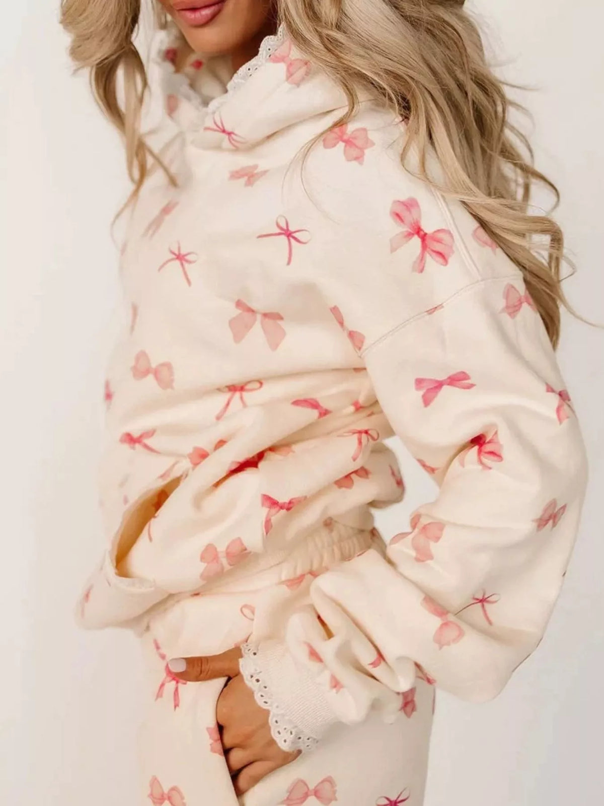 Lace Trim Kangaroo Pocket Hoodie - Lilixa.store