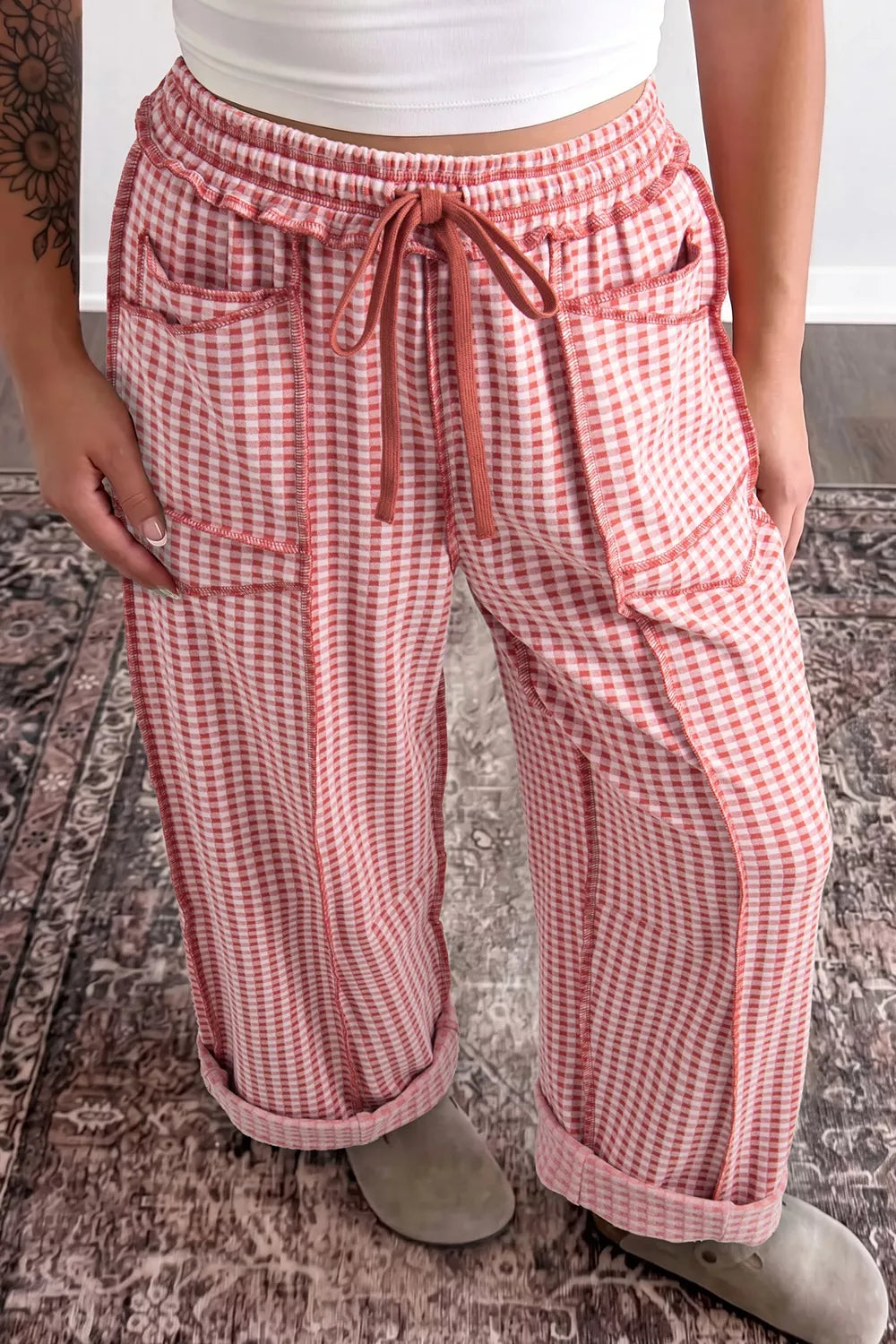 Gingham High-Waisted Drawstring Wide-Leg Pants