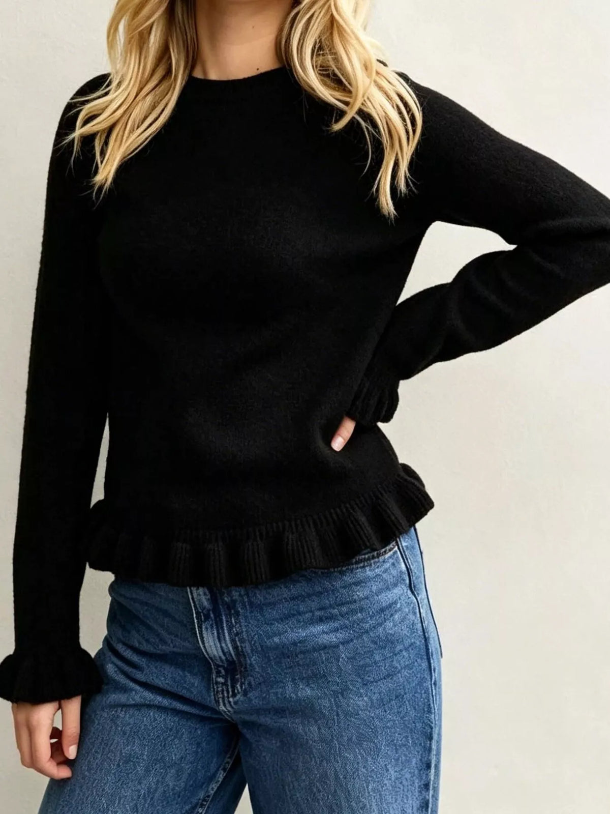 Ruffle-Trimmed Crew Neck Sweater