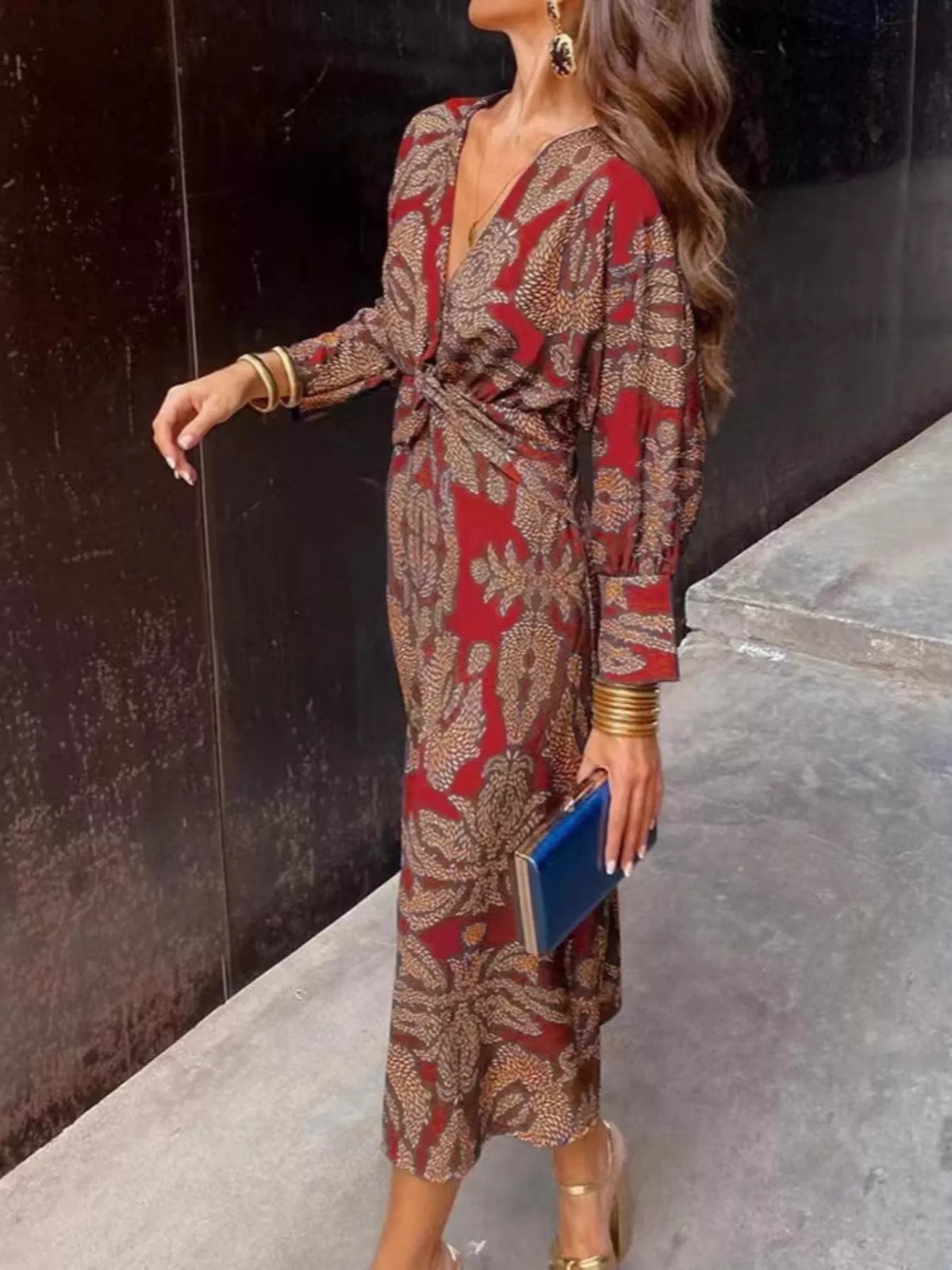 Full Size Printed V-Neck Long Sleeve Twisted Midi Dress Plus Size - Lilixa.store