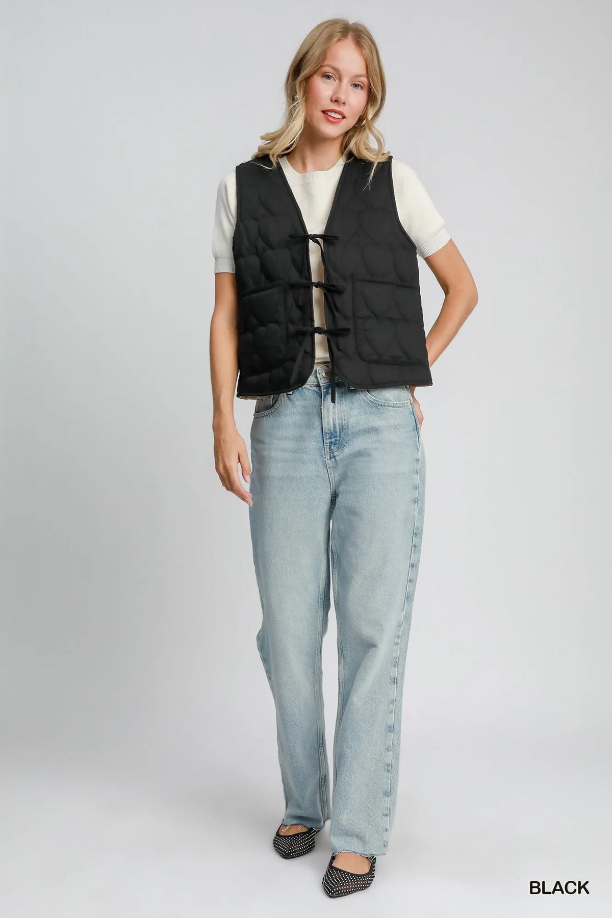 Umgee Heart Quilted Tie-Front Vest in Black, view 6