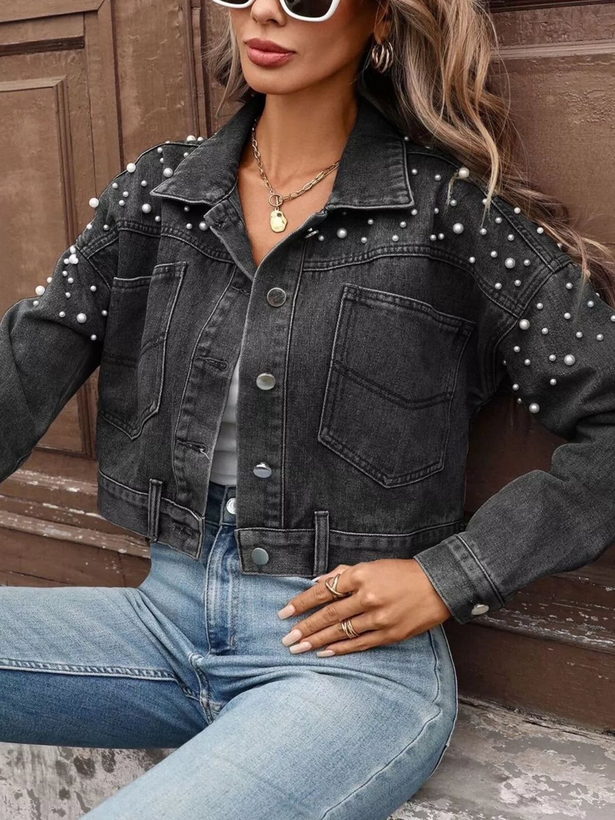 Pearl Embellished Cropped Denim Jacket in Dark Gray