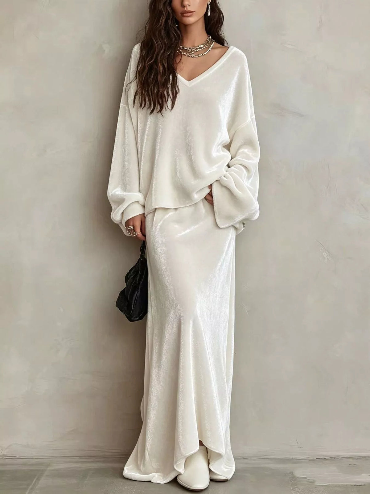 V-Neck Velvet Long Sleeve Top and Maxi Skirt Two-Piece Set
