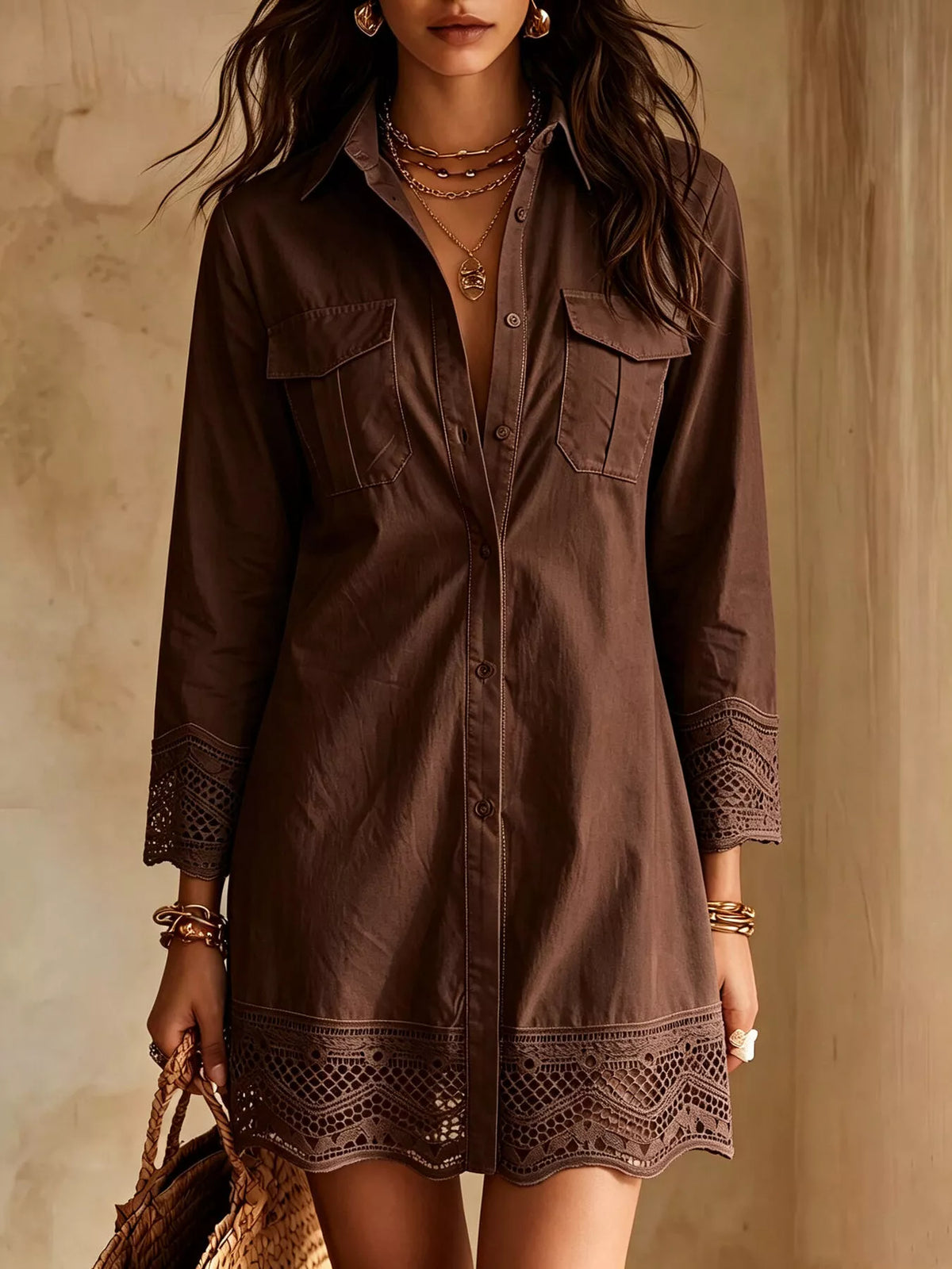 Button-Down Shirt Dress with Lace Trim - Lilixa.store