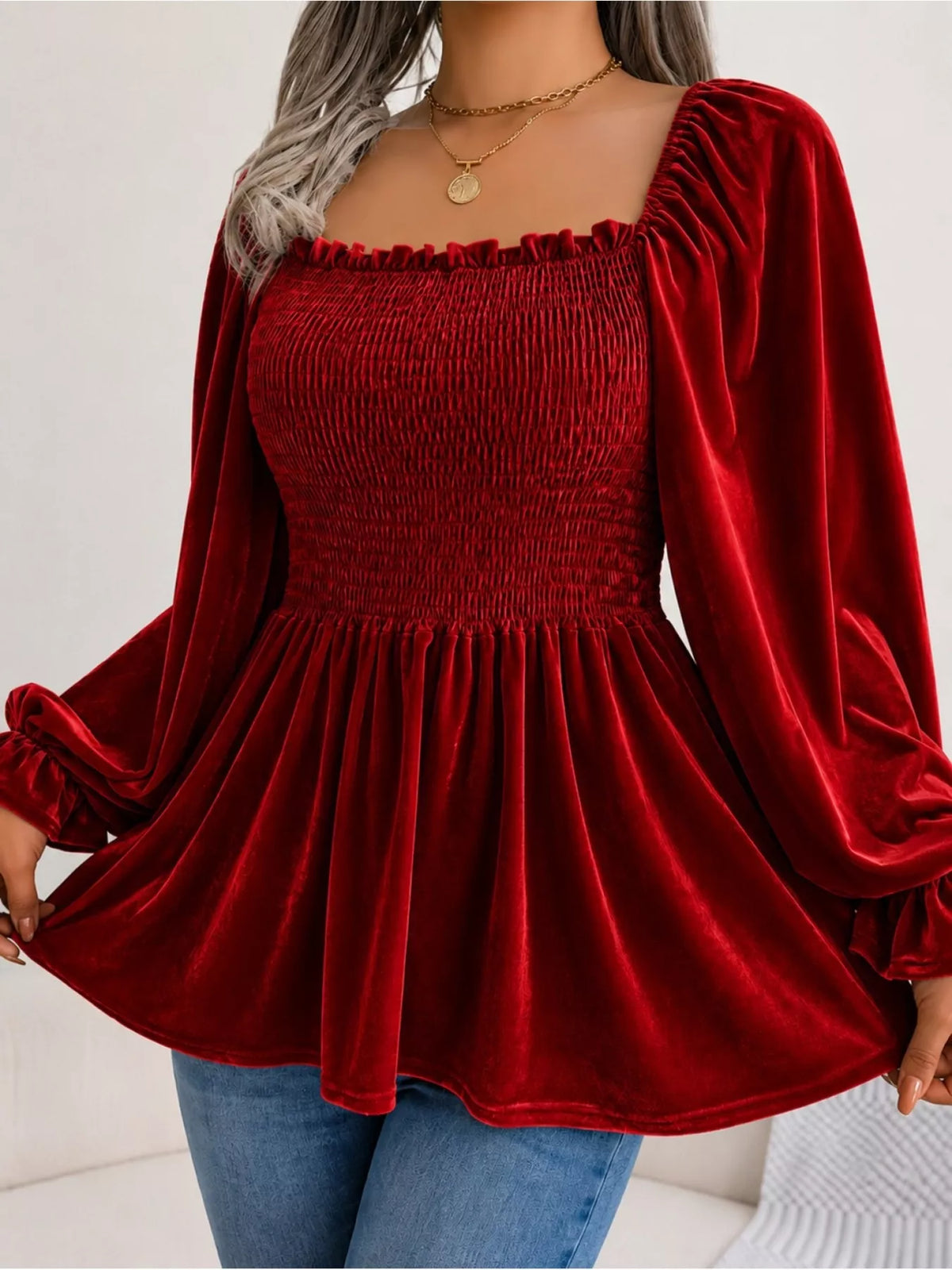 Velvet Smocked Peplum Blouse