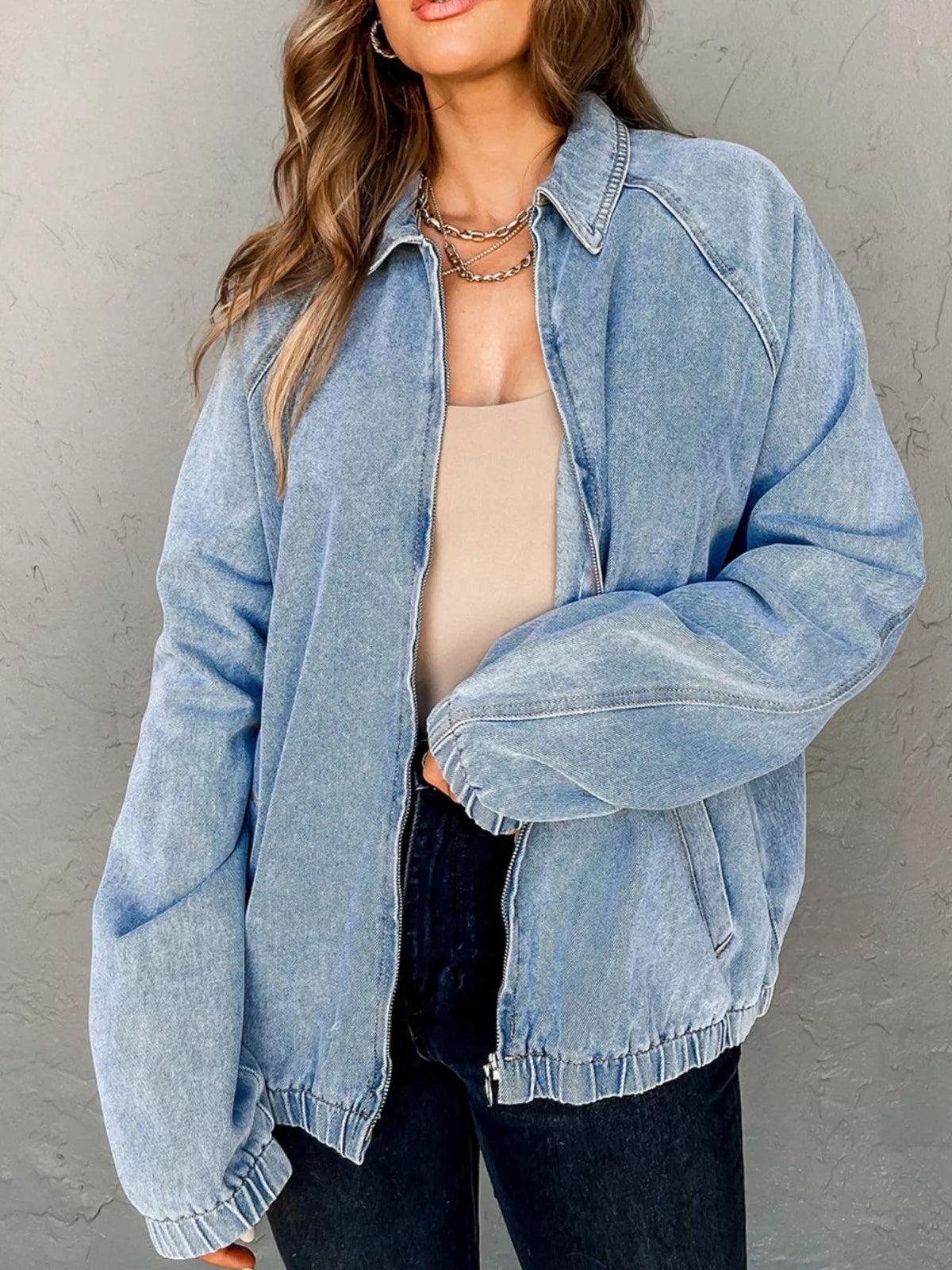Elastic Edge Collared Zip Up Denim Jacket With Pocket, view 2