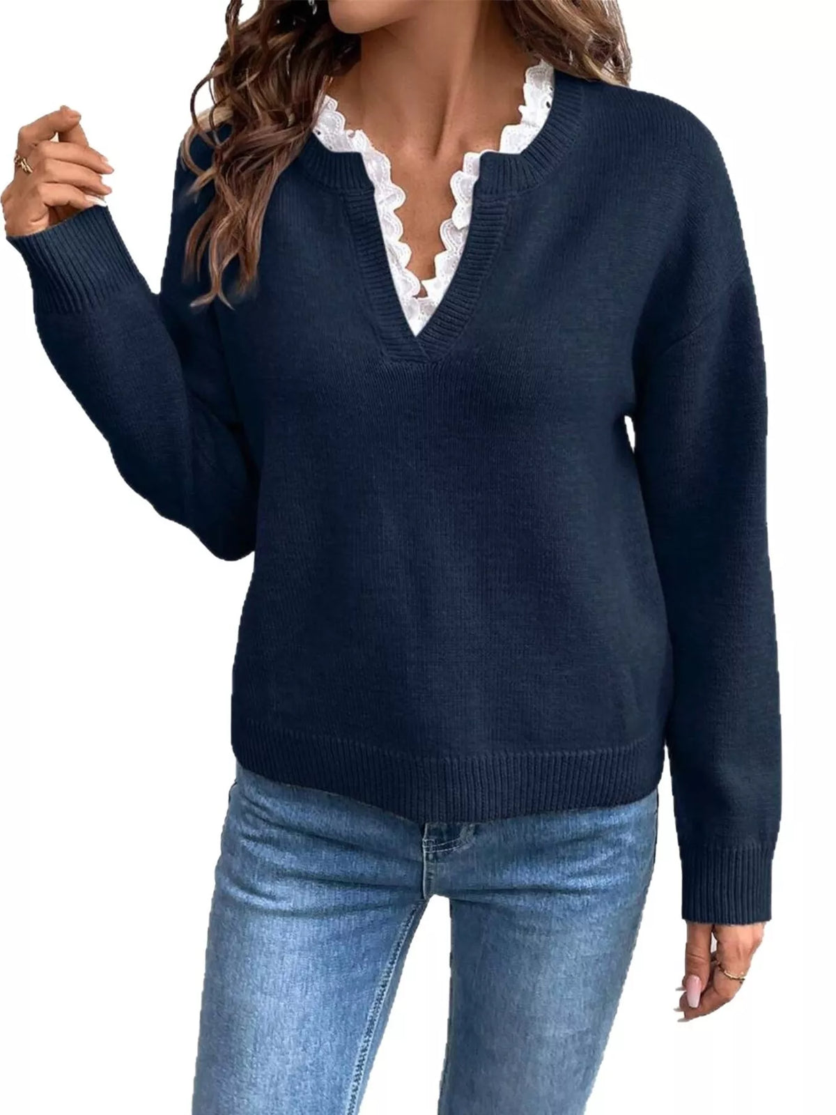 Lace Trim Dropped Shoulder Sweater - Lilixa.store