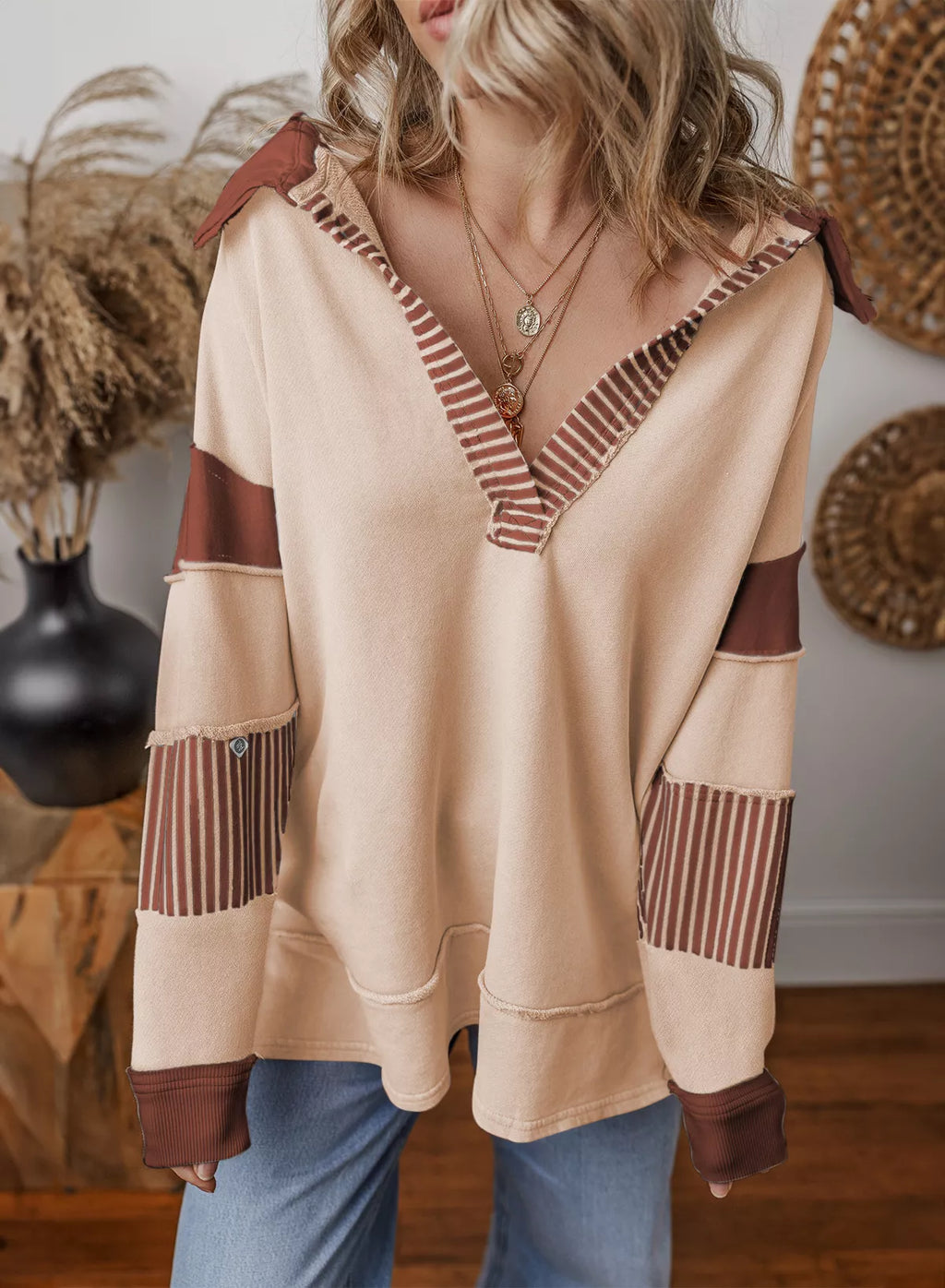 Color Block Striped Johnny Collar Sweatshirt - Lilixa.store