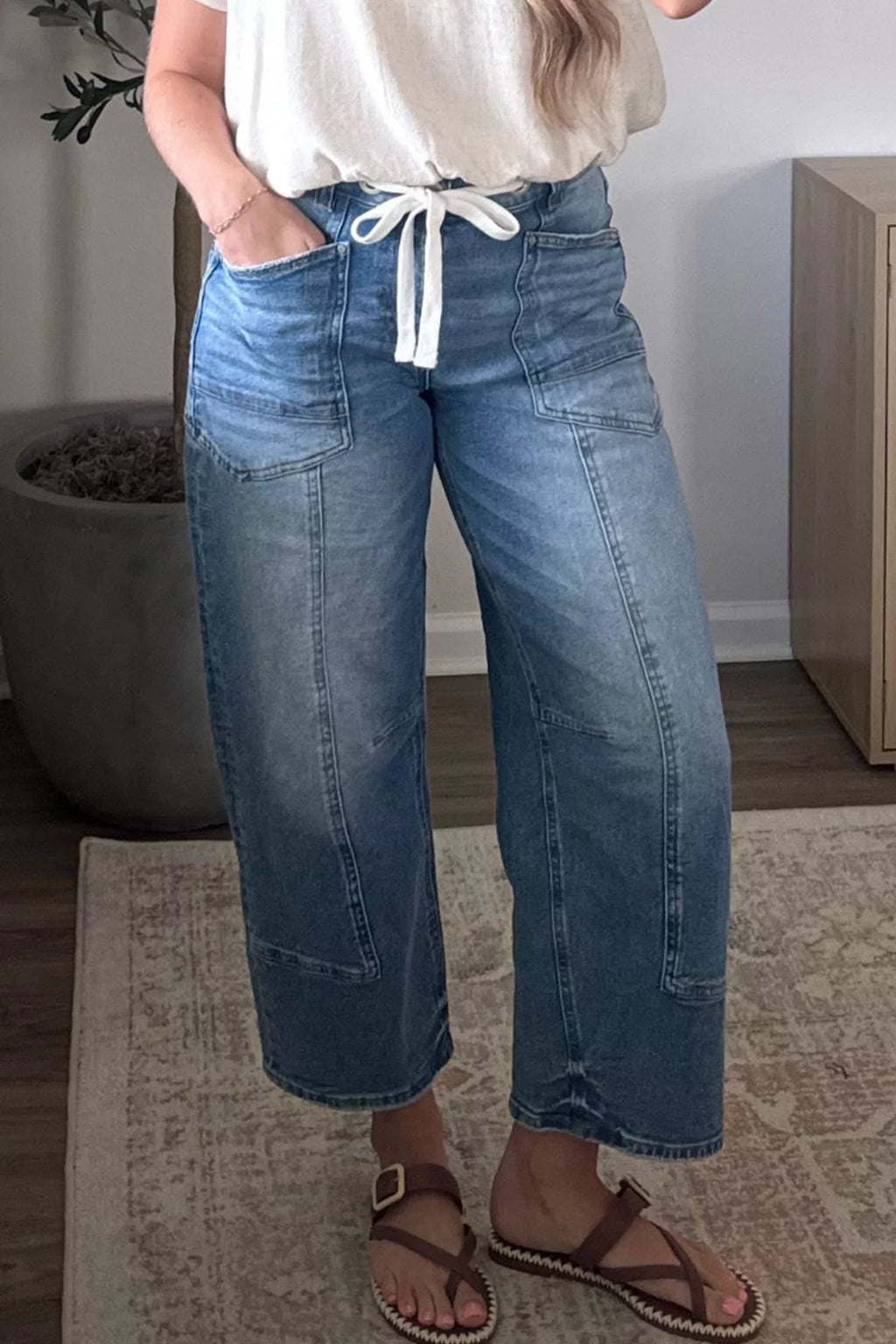 Solid Patchwork Grommet Tie Waist Loose Ankle-Length Jeans - Lilixa.store