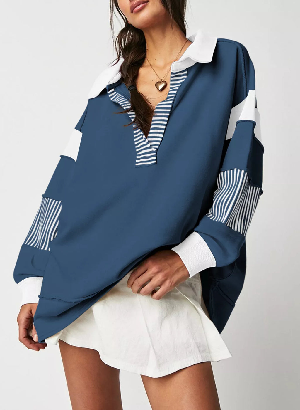 Color Block Striped Johnny Collar Sweatshirt - Lilixa.store