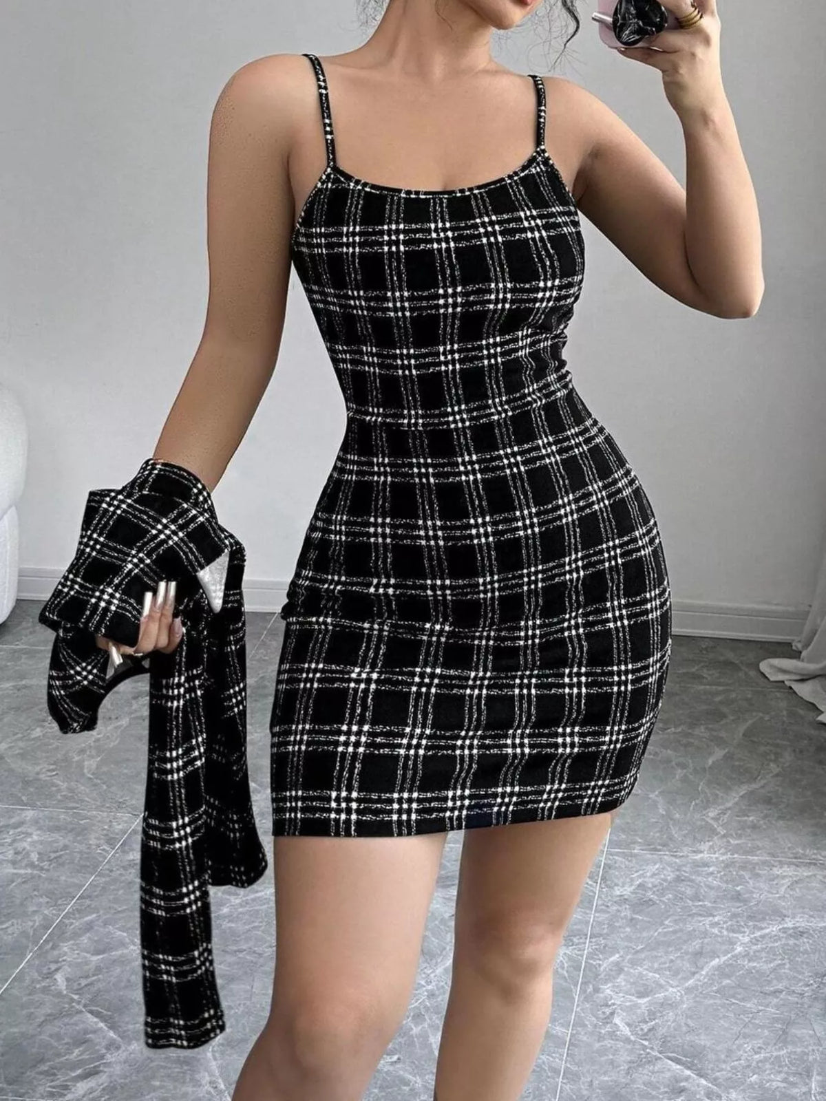 Plaid Tweed Crop Outerwear and Bodycon Mini Dress Two-Piece Set - Lilixa.store
