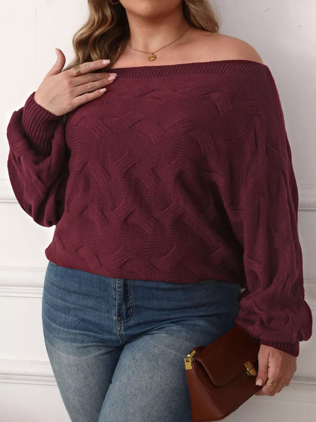 Plus Size Off-Shoulder Long Sleeve Sweater in Burgundy, view 4
