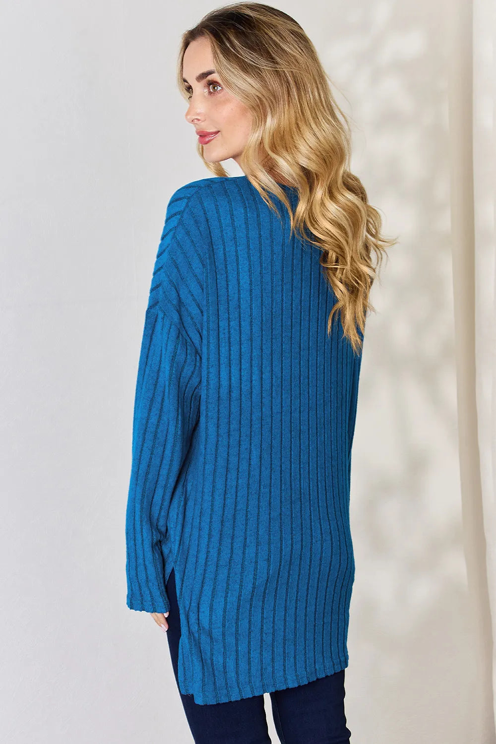 Basic Bae Full Size Ribbed Half Button Long Sleeve High-Low T-Shirt - Lilixa.store
