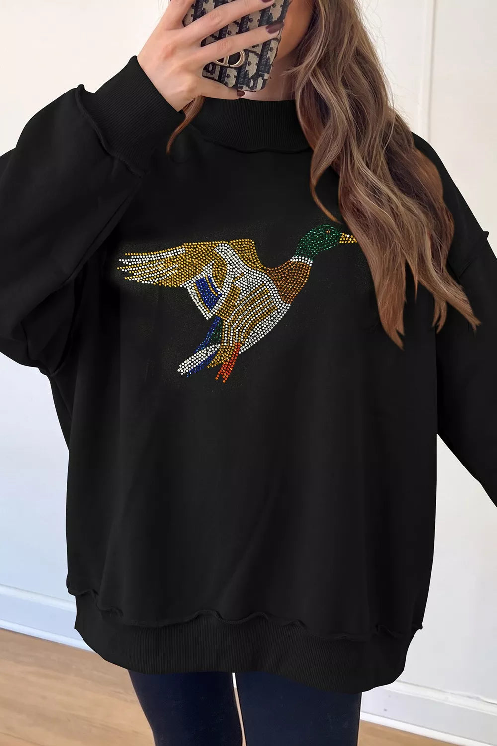 Rhinestone Flying Mallard Mock Neck Tunic Sweatshirt