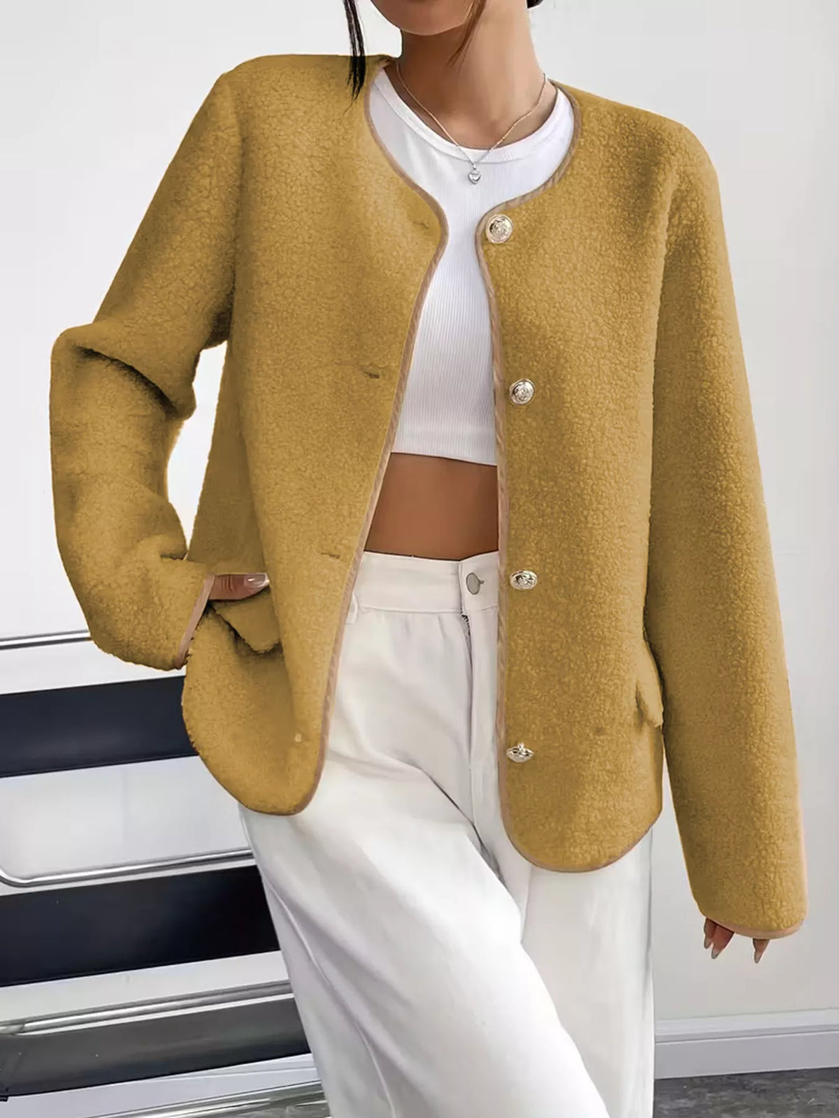 Full Size Textured Button-Up Fleece Outerwear Plus Size - Lilixa.store