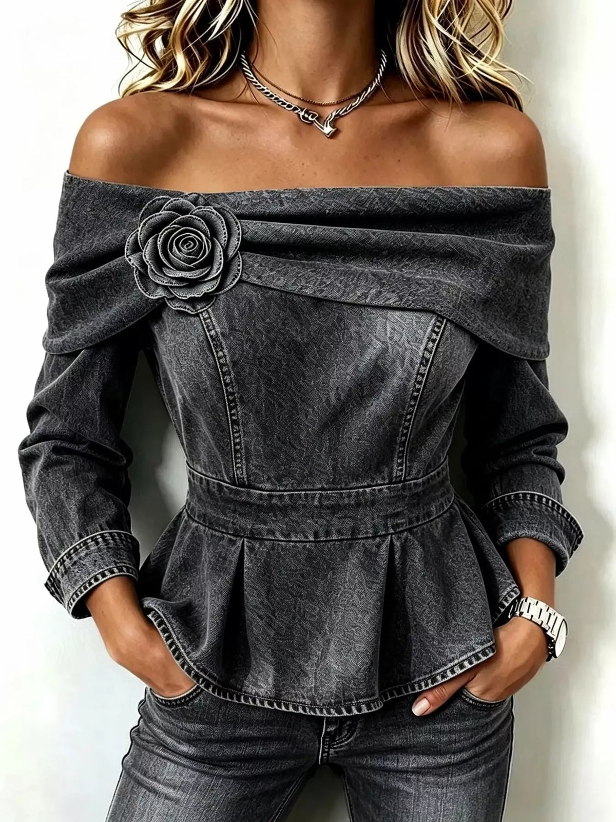 Full Size Off-Shoulder Floral Denim Look Top Plus Size