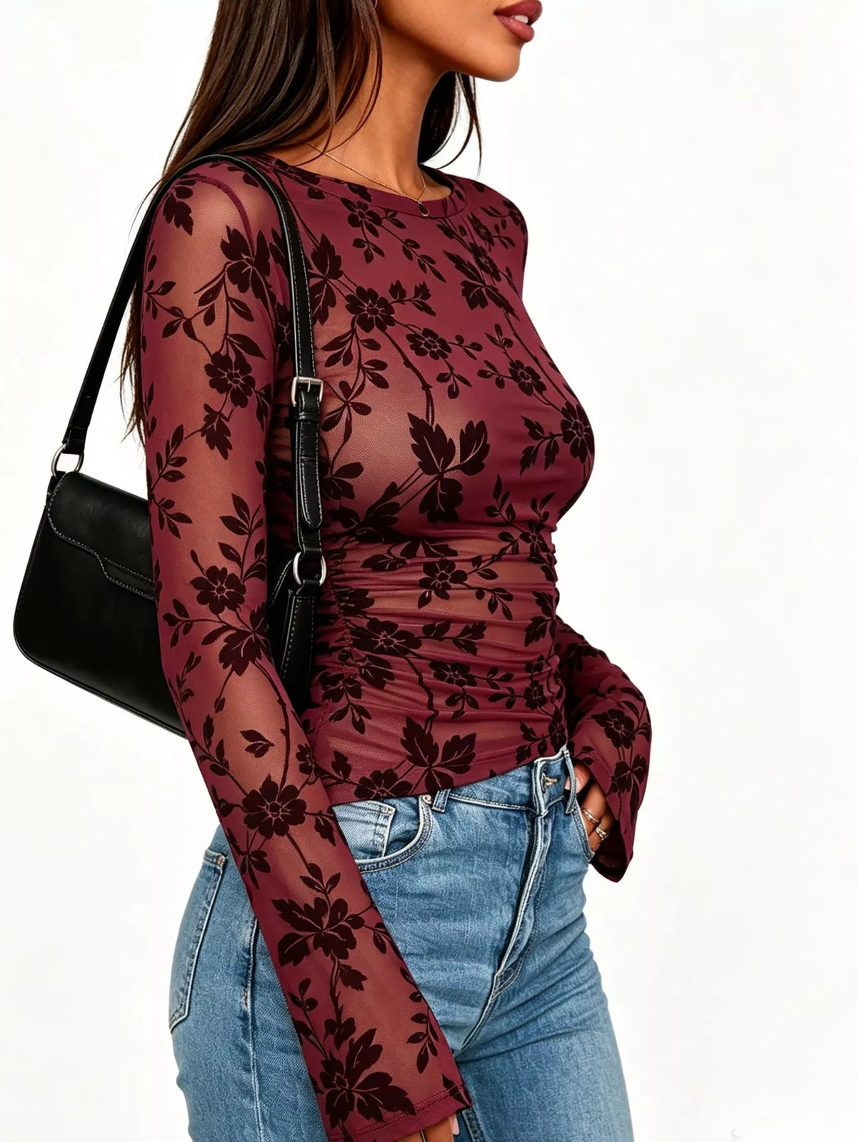 Slim Fit Floral Print Long Sleeve Top, view 7