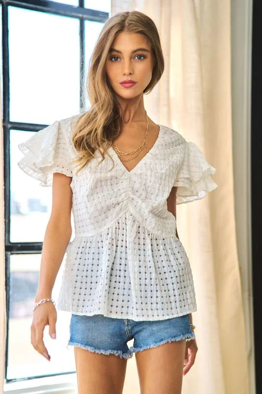 Davi & Dani Shirring V-Neck Ruffle Gingham Plaid Printed Top - Lilixa.store
