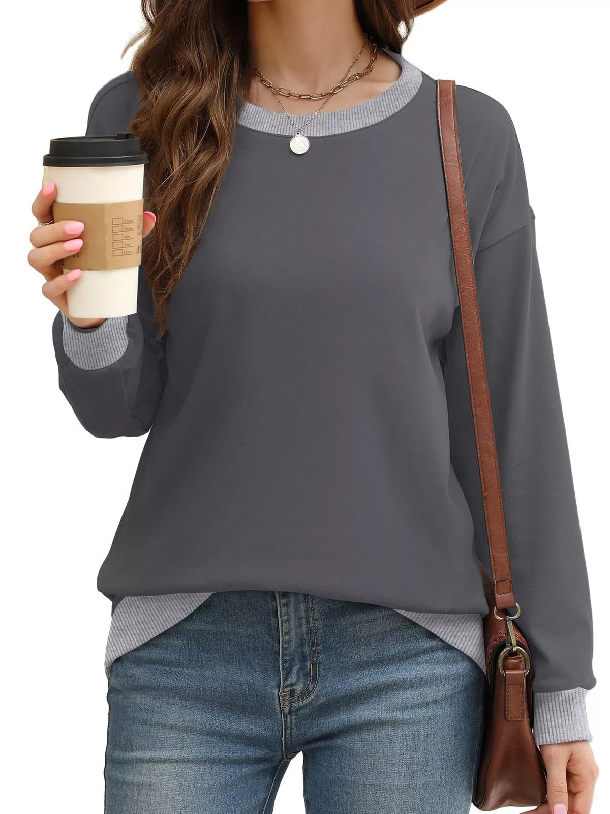 Contrast Trim Crew Neck Casual Sweatshirt - Lilixa.store