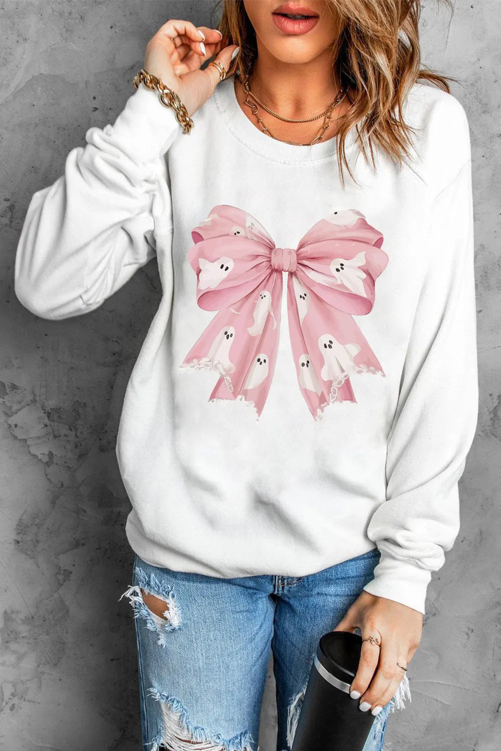 Bow Round Neck Long Sleeve Sweatshirt - Lilixa.store