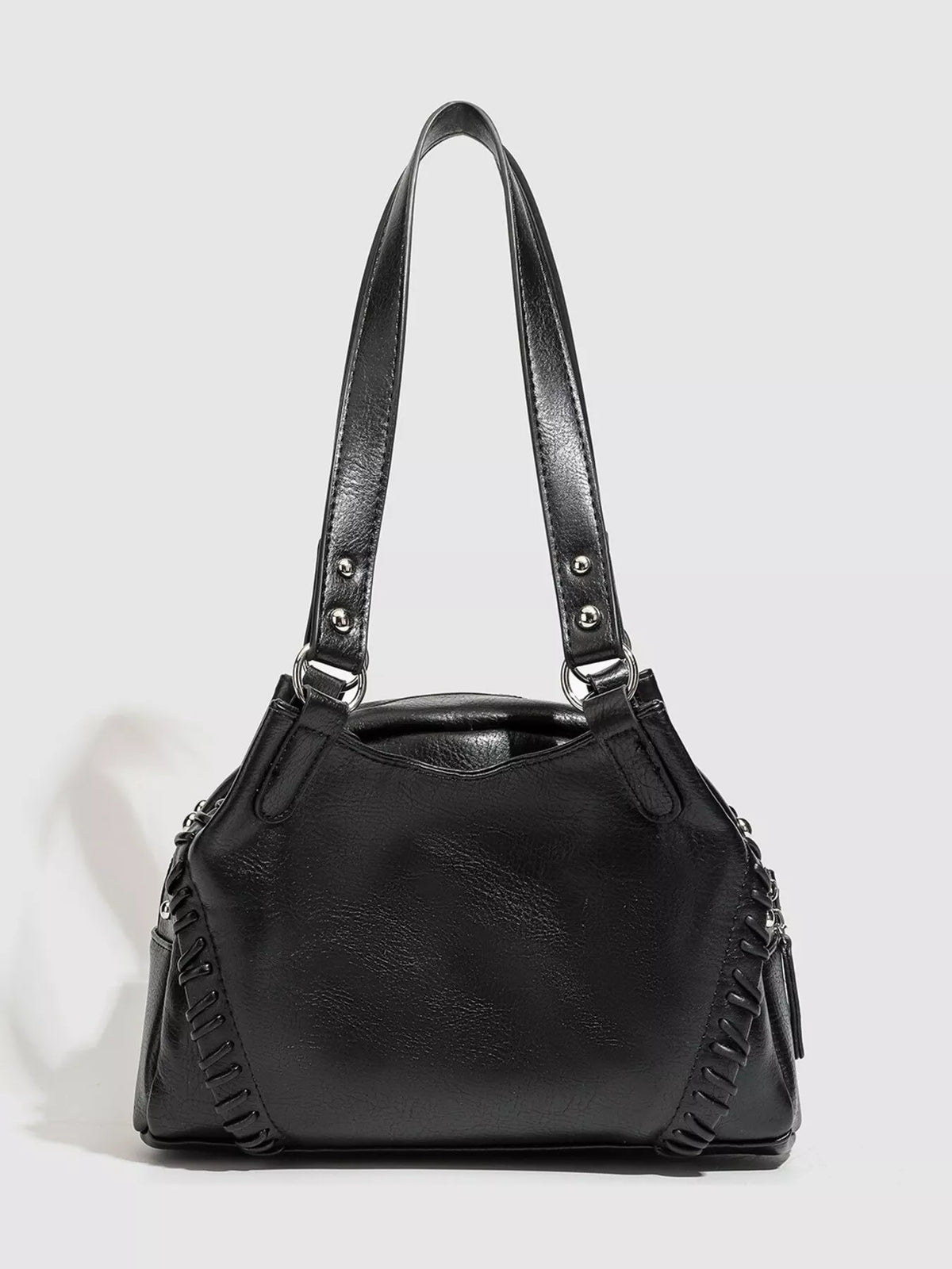 PU Leather Shoulder Bag with Woven Detail and Stud Accents in Black, view 4