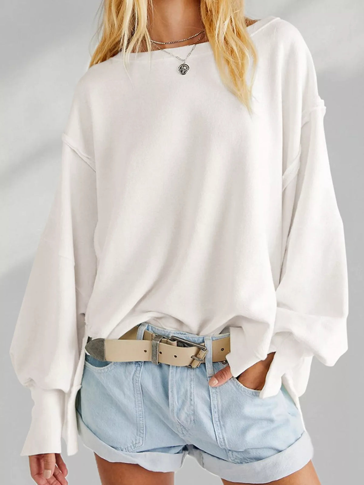 Oversized Relaxed Fit Crew Neck Sweatshirt in White