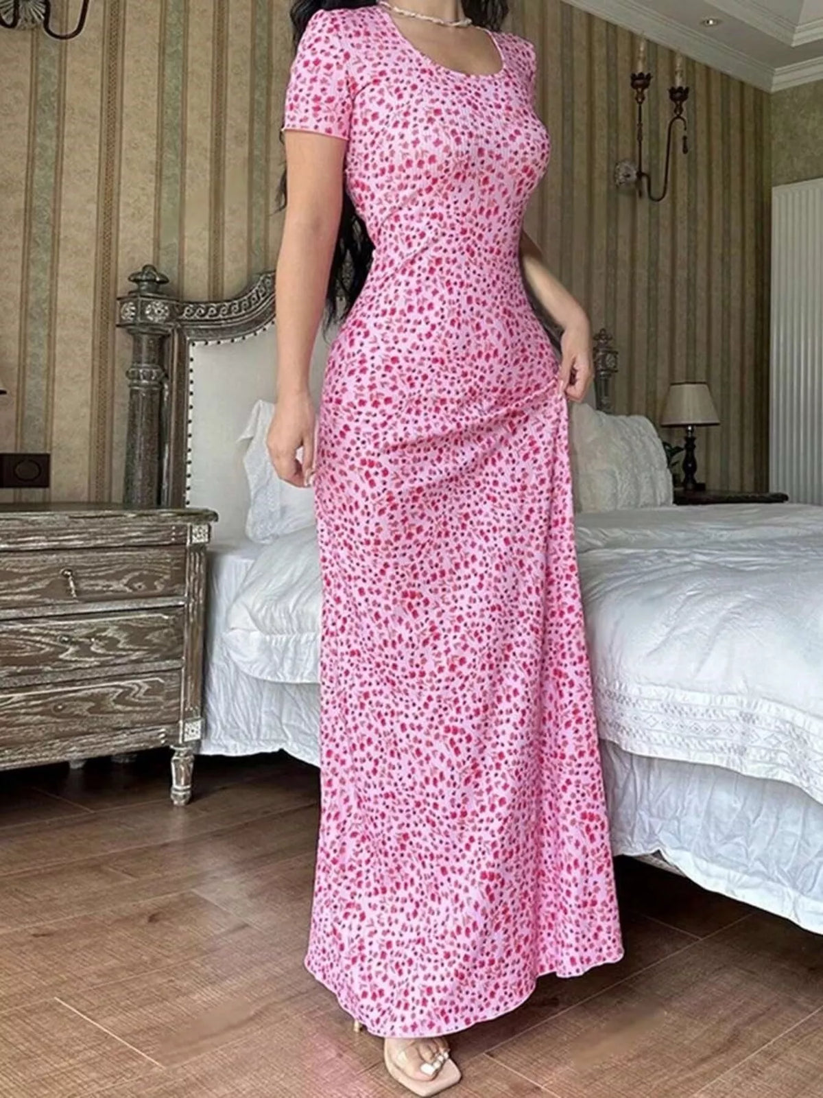 Floral Print Short Sleeve Maxi Dress - Lilixa.store