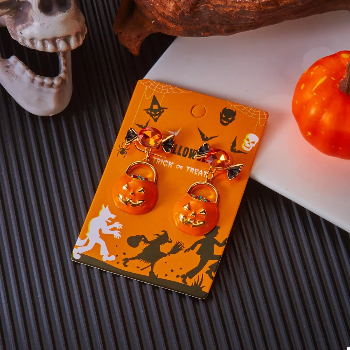 Halloween Rhinestone Pumpkin Dangle Earrings - Lilixa.store
