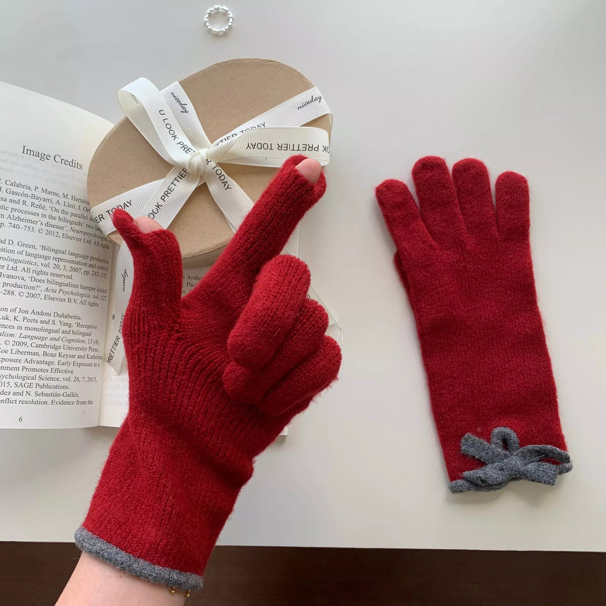 Bow-Decorated Knit Gloves - Lilixa.store