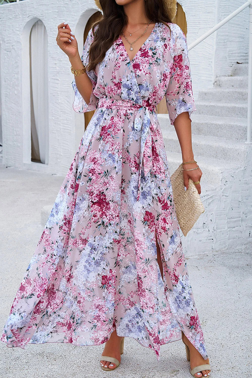 Devine Printed Tied Half Sleeve Slit Dress - Lilixa.store
