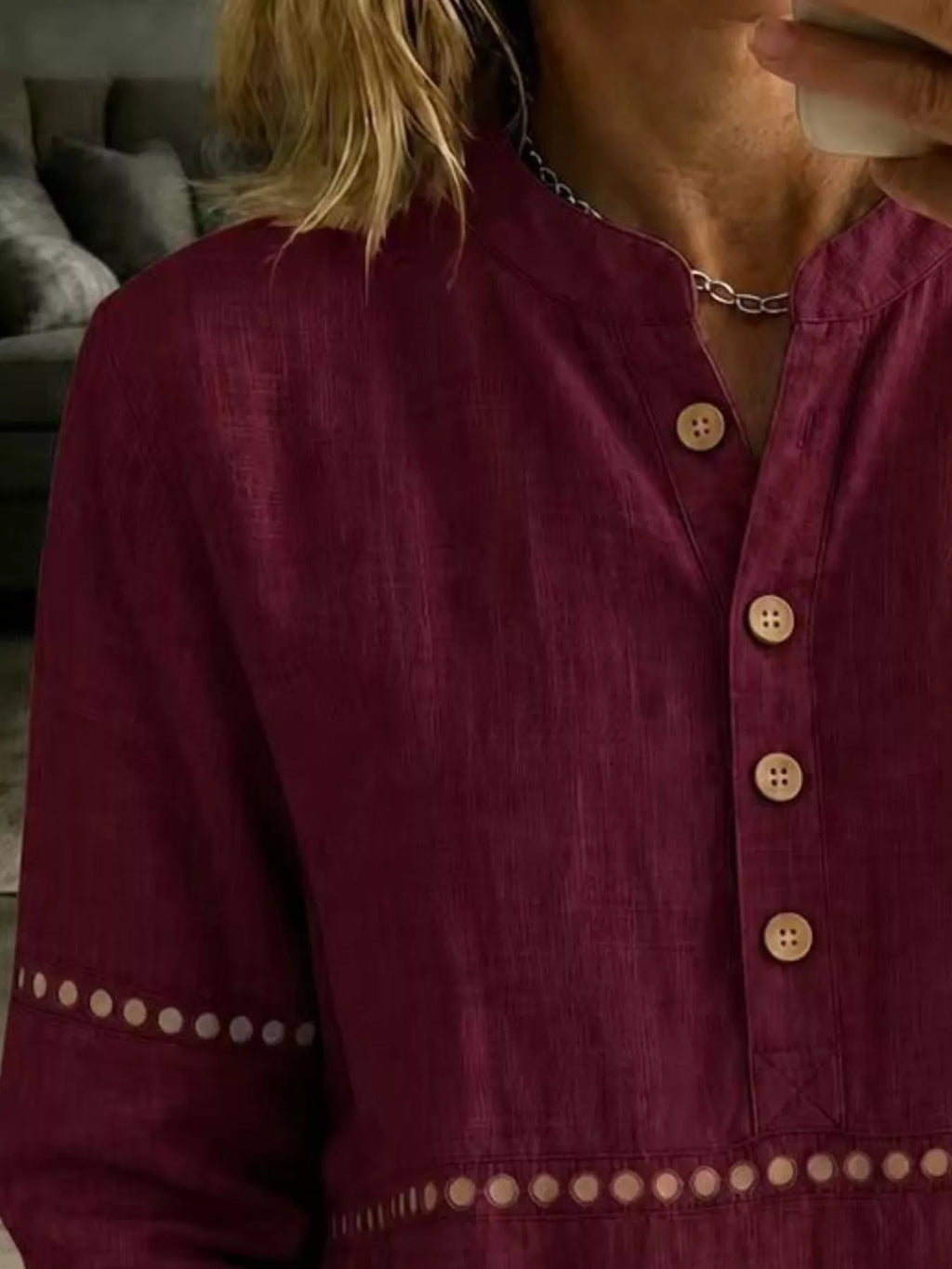 Full Size Button Detail Eyelet Long Sleeve Blouse Plus Size - Lilixa.store