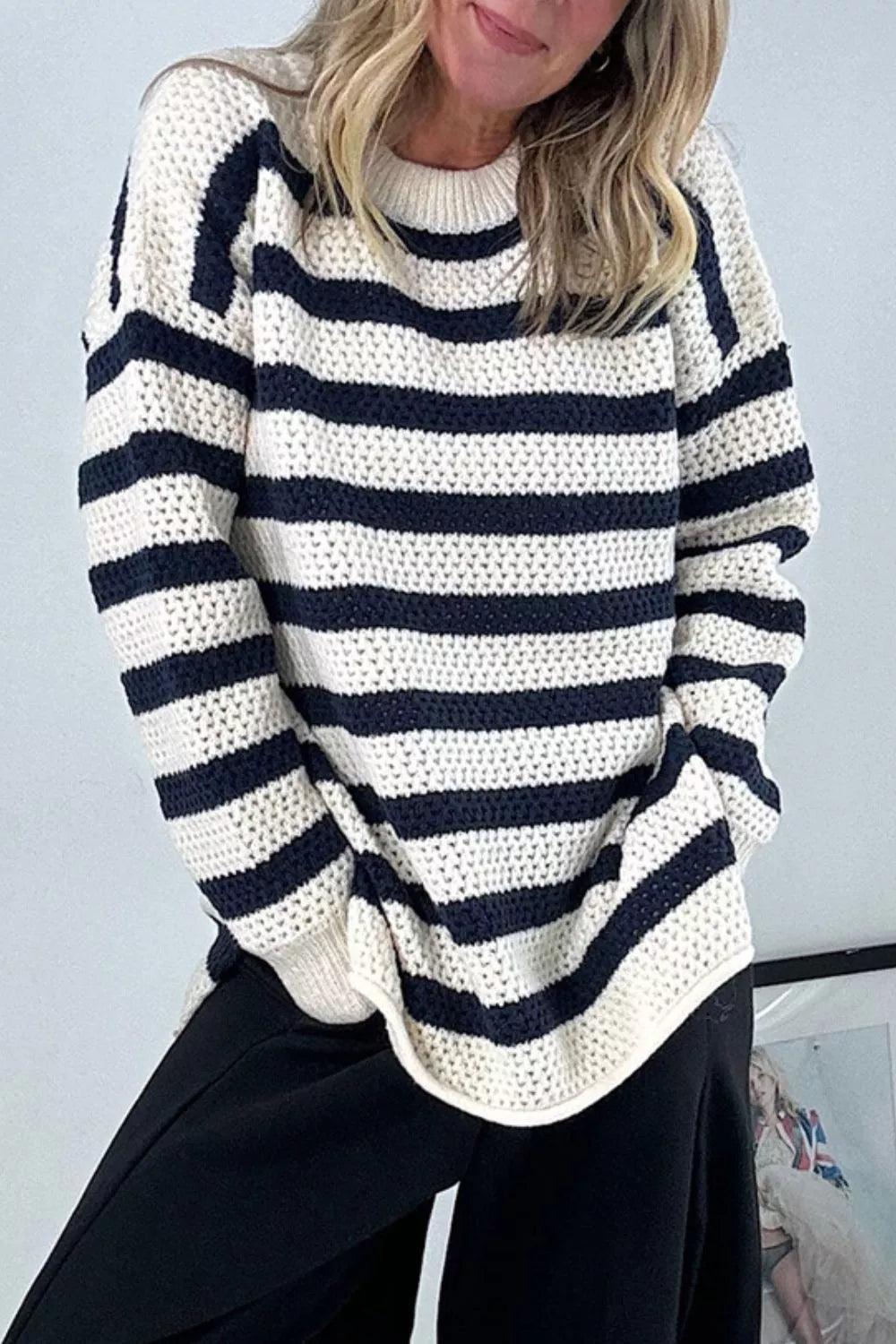 Striped Knit Dropped Shoulder Sweater - Lilixa.store