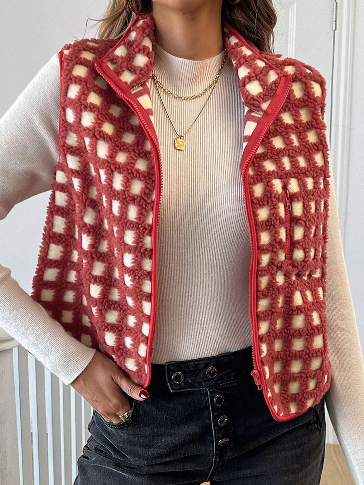 Plaid Zip Up Vest Coat - Lilixa.store