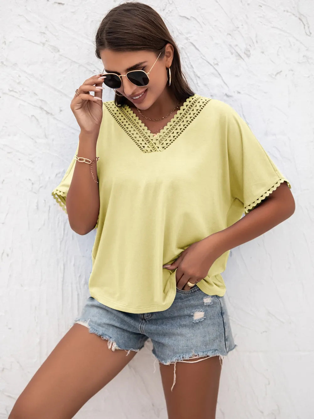 Ivy Lane Lace Detail V-Neck T-Shirt - Lilixa.store