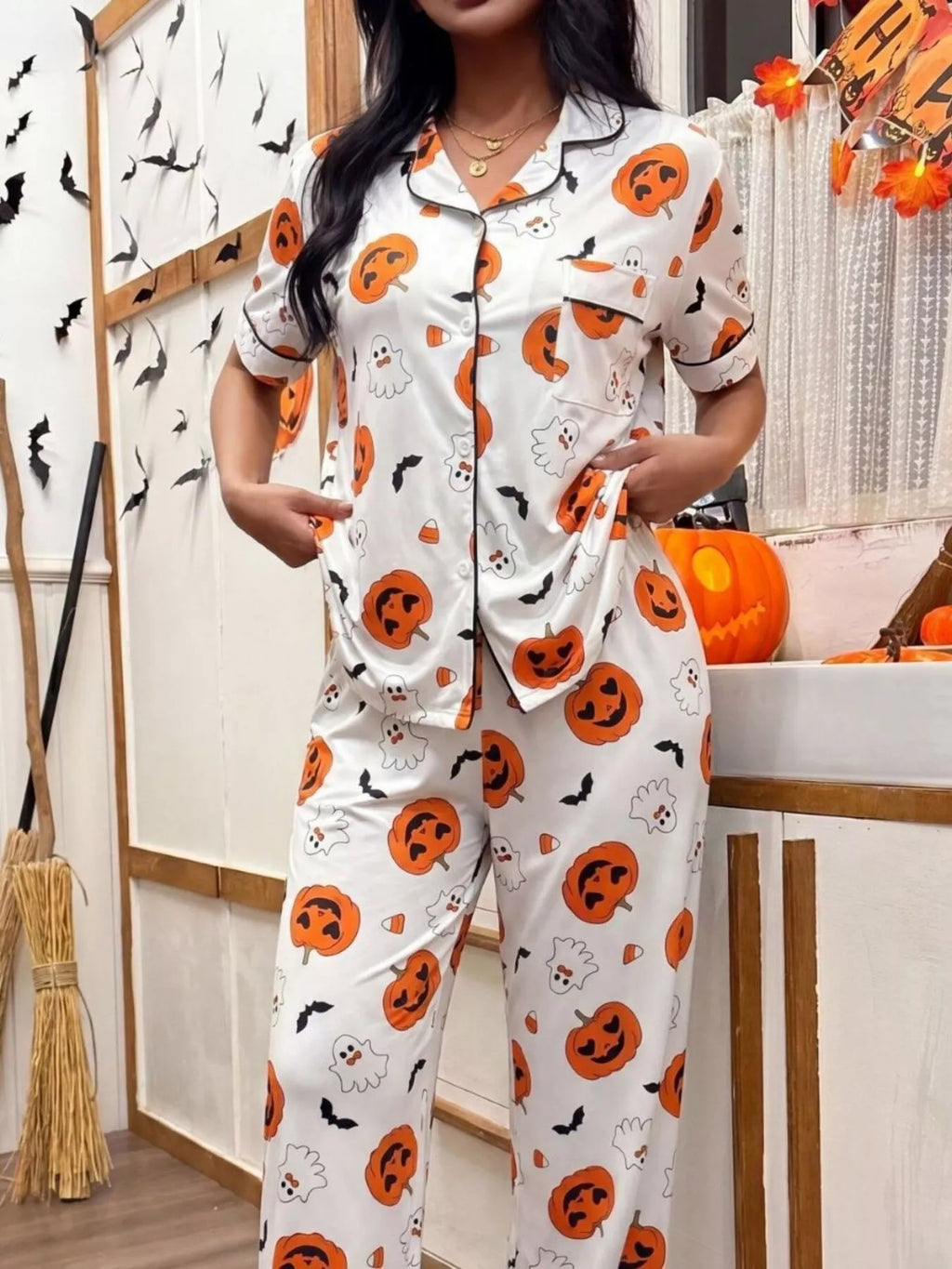 Halloween Pumpkin Print Button-Down Top and Pants Set - Lilixa.store